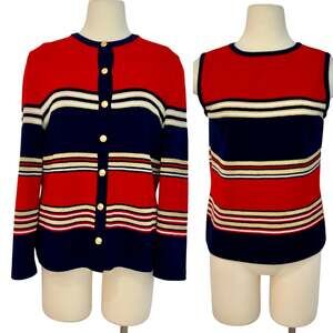 St. John Knit 2-Piece Matching SET Cardigan Sweater w/ Tank Top Striped Red M
